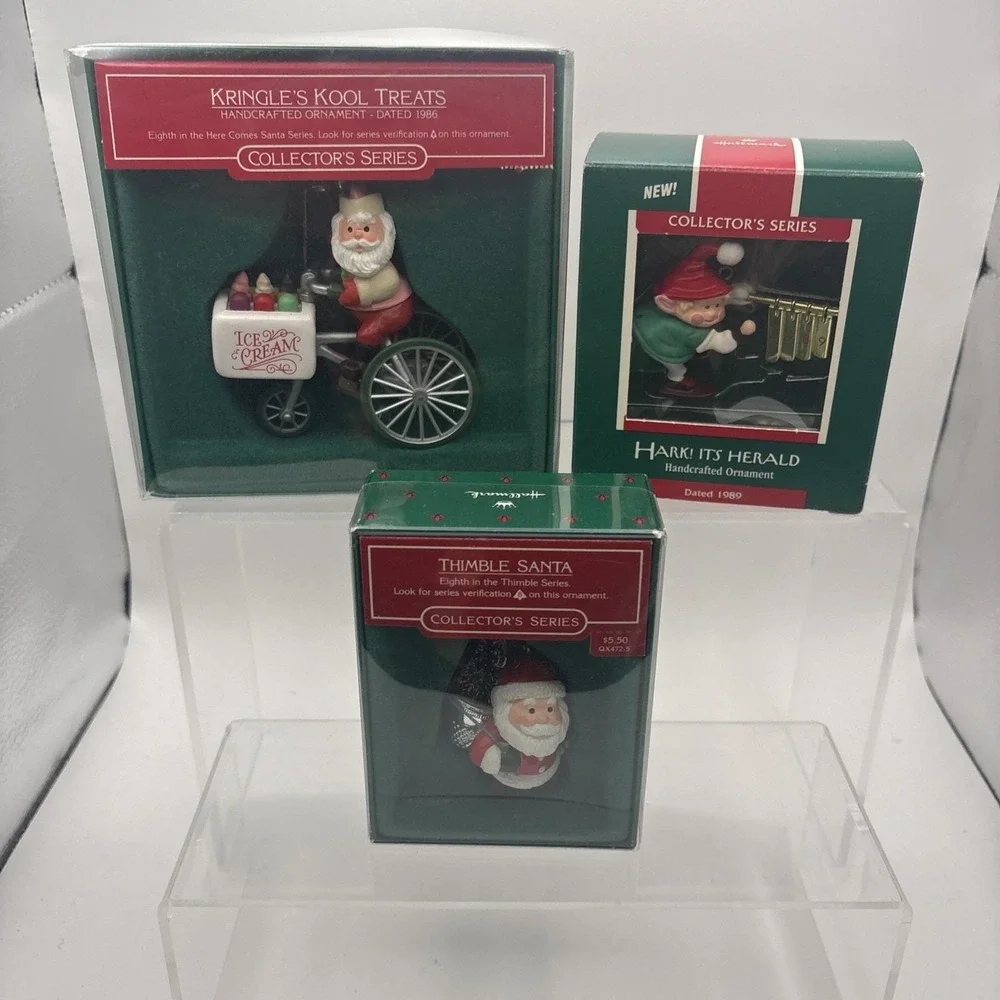 Vtg~Hallmark Ornaments~Lot of 3~Thimble Santa/Kringle's Kool Treats/Hark Herald